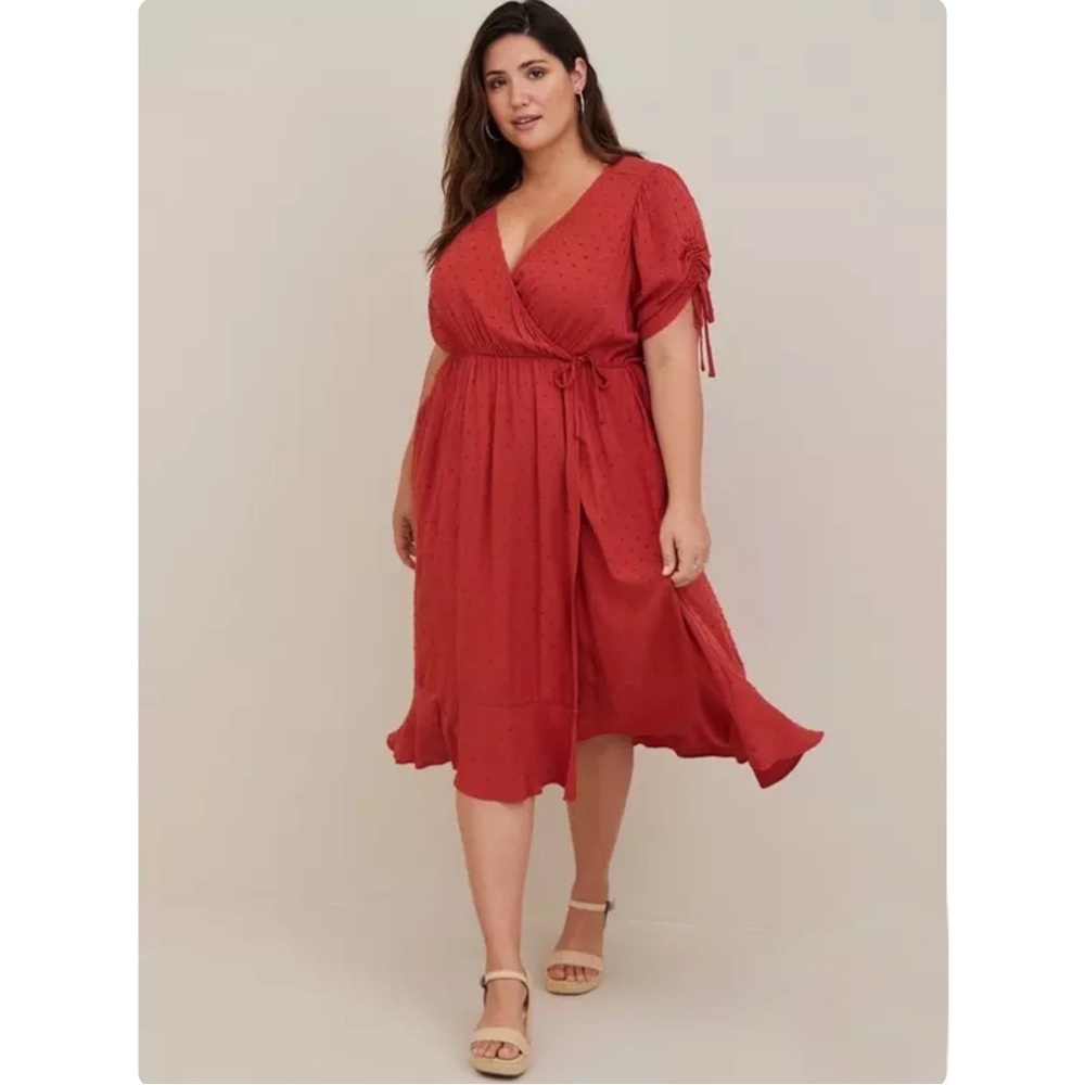 Torrid Swiss Dot Burnt Orange Faux Wrap Dress V Neck Ruffle Trim Size 4X